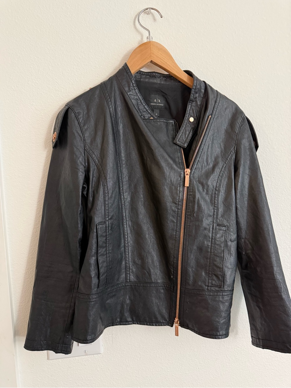 Armani Exchange Black Leather Moto Jacket with Copper Zip